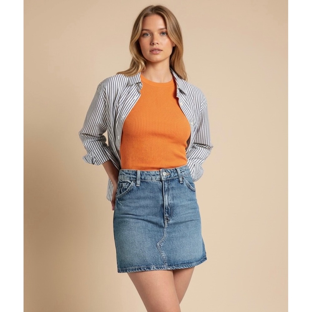 NEW TOPSHOP Size 8 Denim A-Line Mini Skirt Blue Wash Distressed Raw Hem